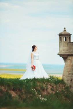 Ayakta veya açık havada poz güzel gelin. Çok evli wom