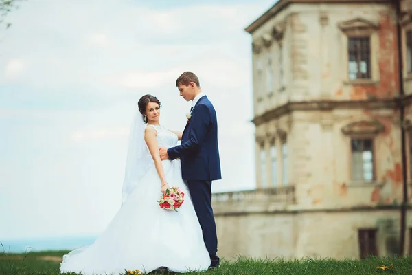 Sinnliches Hochzeitspaar, Bräutigam und Braut, hält sich — Stockfoto
