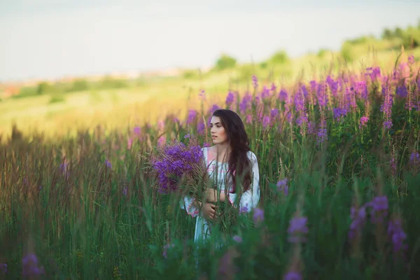 Ela parece bela vista, belo cabelo comprido no campo de lavanda — Fotografia de Stock