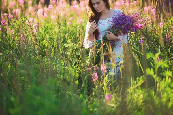 Piękna dziewczyna gospodarstwa lawendy w polu na zachód słońca. Wal — Zdjęcie stockowe