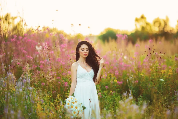 Menina bonita no campo, com cabelo preto longo — Fotografia de Stock