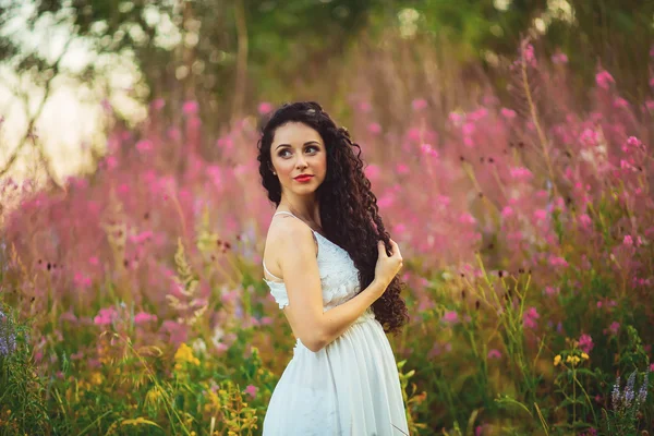 Mulher com beleza cabelos castanhos longos em pé no campo — Fotografia de Stock