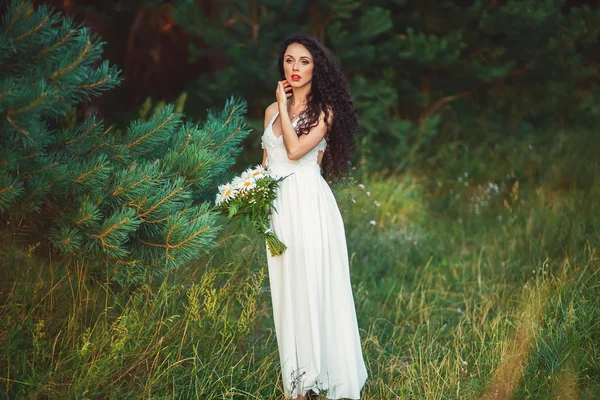 Hermosa chica en el campo, con el pelo largo y negro — Foto de Stock