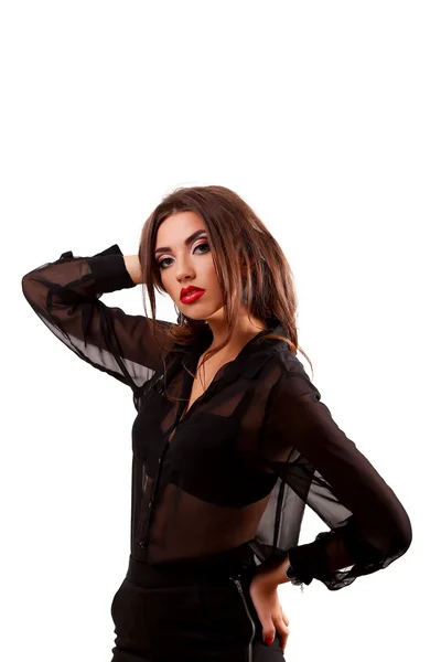 Kaukázusi szexi barna hölgy a fekete ruha isola smink nélkül — Stock Fotó
