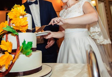 Gelin ve damat onların düğün pastası kesme