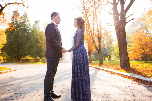 Wedding couple in a forest in the mountains at sunset — Stock Photo, Image