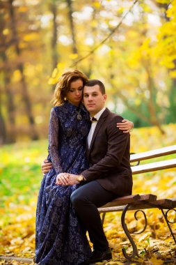 love couple sitting on a bench in the warm autumn