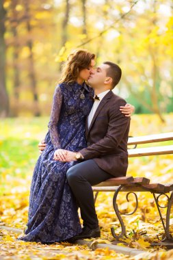 love couple sitting on a bench, kissing the warm autumn