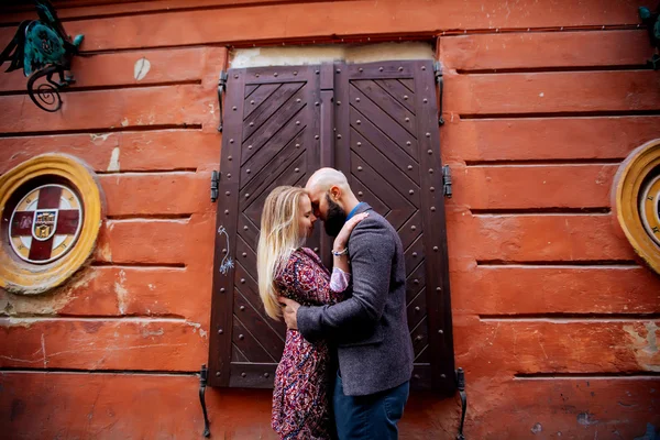 One beautiful stylish couple of young woman and senior man with — Stockfoto