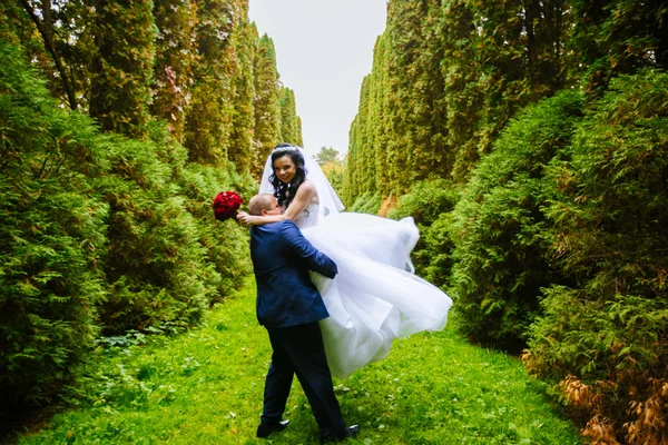 Красивый жених в костюме обнимает и крутит невесту в осеннем парке — стоковое фото