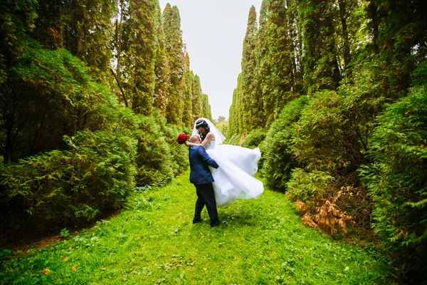 Bonito noivo de terno abraçando e girando noiva no parque de outono — Fotografia de Stock
