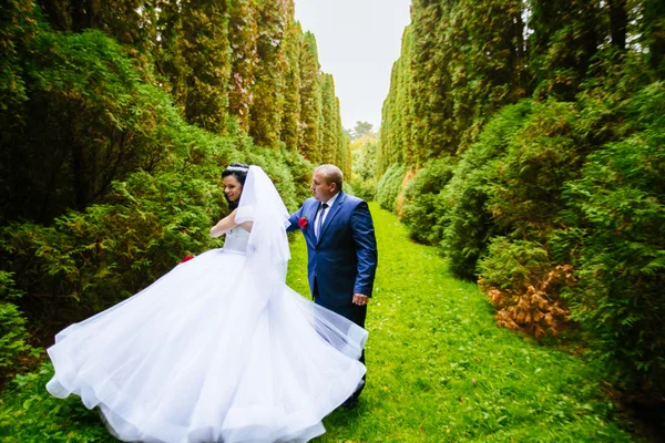 Jonge bruidspaar genieten van romantische momenten buiten in zomer park — Stockfoto