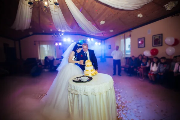 Noiva e noivo na recepção do casamento cortando o bolo de casamento — Fotografia de Stock