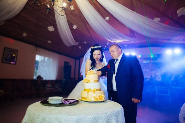 Feliz novia y novio cortar un pastel de bodas —  Fotos de Stock