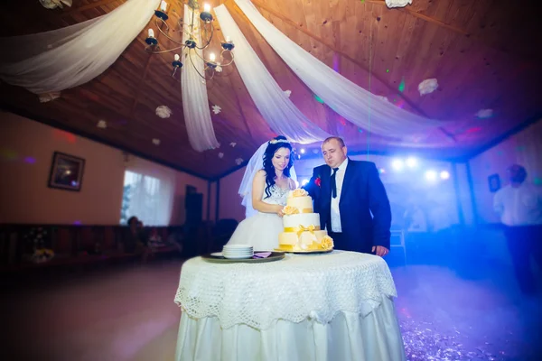 Een bruid en een bruidegom is snijden hun bruidstaart — Stockfoto