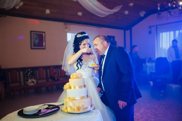 Braut und Bräutigam schneiden beim Empfang die Hochzeitstorte auf — Stockfoto