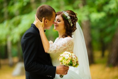wedding couple. Beautiful bride and groom. Just married. Close up. Happy bride and groom on their wedding hugging. Groom and Bride in a park. wedding dress. Bridal wedding, autumn