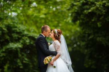 wedding couple. Beautiful bride and groom. Just married. Close up. Happy bride and groom on their wedding hugging. Groom and Bride in a park. wedding dress. Bridal wedding, autumn