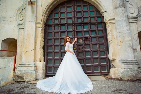 Boda novia retrato arriba abajo magnífico vestido — Foto de Stock