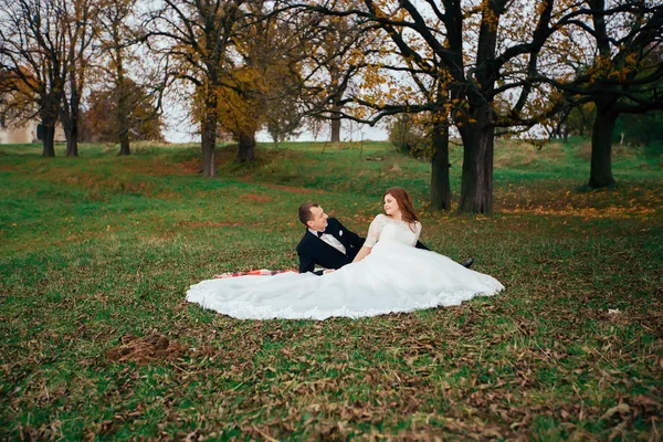 Glückliches Brautpaar in einem Park. Hochzeitspaar — Stockfoto