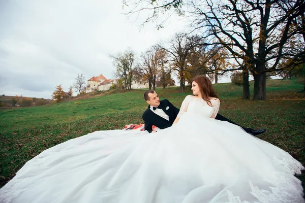 Невеста сидит в парке, счастливая пара — стоковое фото