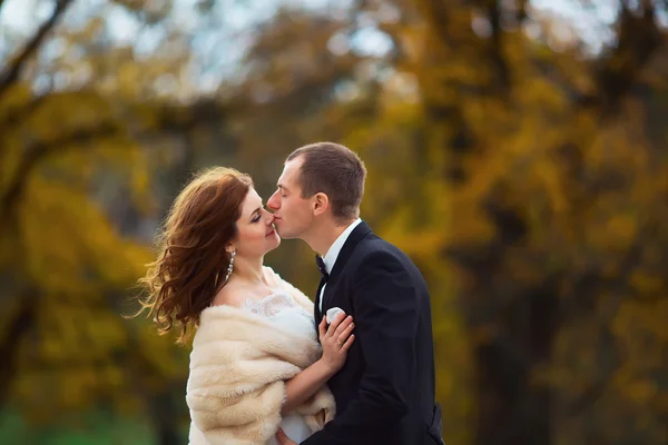 Ευτυχισμένη νύφη και γαμπρός, σε φόντο φθινοπωρινές πάρκο — Φωτογραφία Αρχείου