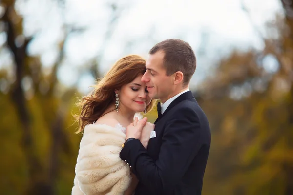 Young beautiful wedding couple of woman in white long dress and veil and man in black formal suit standing together in deep green forest on natural background, horizontal picture — Stock Photo, Image