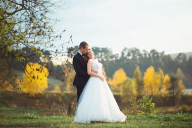 Wedding day. Happy bride and groom. Newlyweds and Love. Image in a yellow shade. Solar wedding in the field with sunflowers. Happy newlywed couple on their wedding day. Happy couple. Smiley faces.