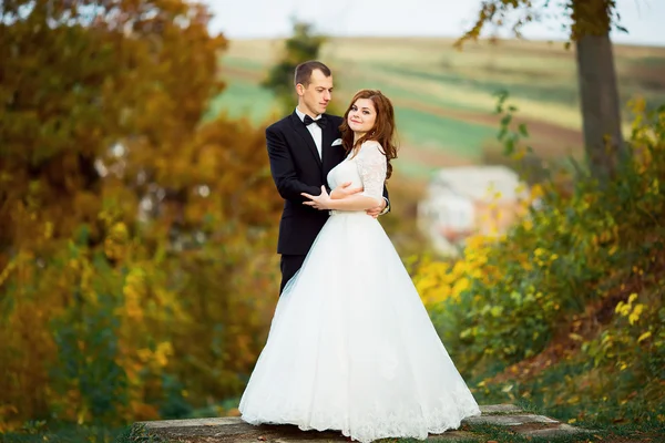 Jour du mariage. Heureux mariés. Mariés et Amour. Image dans une teinte jaune. Mariage solaire dans le champ avec des tournesols. Heureux couple de jeunes mariés le jour de leur mariage. Joyeux couple. Des visages souriants . — Photo