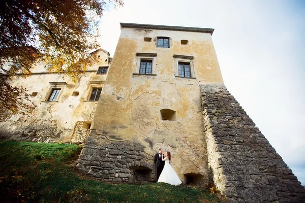 Menyasszony és a vőlegény az esküvő nap séta a szabadban, a tavaszi természet. Nászutas pár, boldog Newlywed nő és férfi átfogó őszi parkban. Szerető szabadtéri esküvő házaspár. Menyasszony és a vőlegény — Stock Fotó