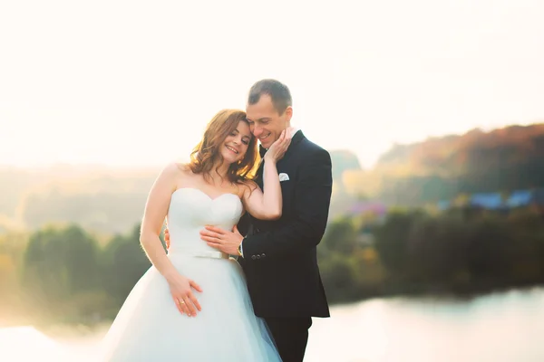 Dia do casamento. Noiva feliz e noivo. Recém-casados e Amor. Imagem em uma sombra amarela. Casamento solar no campo com girassóis. Feliz casal recém-casado no dia do casamento. Um casal feliz. Caras sorridentes . — Fotografia de Stock