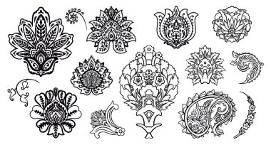 Damask süs eşyalarından oluşan bir set. Çiçekli Türk ya da İran doğu dekoru - çiçekler ve yapraklar. Kostum tasarımı ve yazdırımı için basit vektör çizgisi çizimleri.