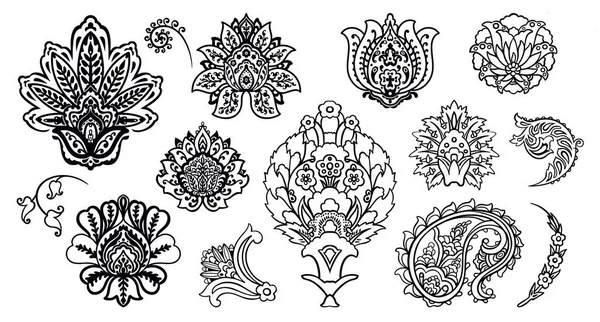 Damask süs eşyalarından oluşan bir set. Çiçekli Türk ya da İran doğu dekoru - çiçekler ve yapraklar. Kostum tasarımı ve yazdırımı için basit vektör çizgisi çizimleri.