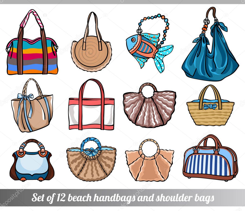 Collection of 12 illustrations of stylish female bags in various sizes, types and shapes, in intensive rich colors, in hand drawn style for custom design, print, pattern, stickers.