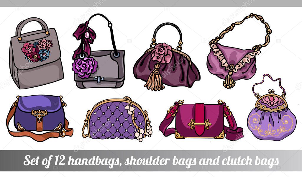 Collection of 12 illustrations of stylish female bags in various sizes, types and shapes, in purple and neutral colors, in hand drawn style for custom design, print, pattern, stickers.