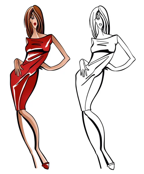 年轻模特儿的矢量时尚图解 穿着时髦的红色衣服 手绘孤立的白色背景图案 色彩艳丽 轮廓清晰 用于衬垫设计和印刷 — 图库矢量图片