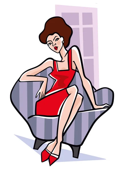 穿着红色衣服 双腿交叉的年轻漂亮女人的矢量时装画像 坐在灰色的椅子上 有条纹 背景上有窗户 手绘孤立的图形 — 图库矢量图片