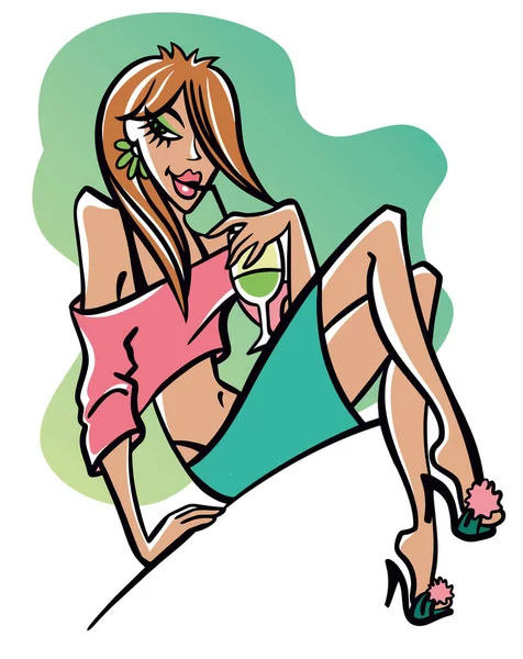 流行服装的年轻迷人女子的矢量时装插图肖像 用绿色和粉色粉红的调调酒 白色背景上手工绘制的孤立图形 — 图库矢量图片