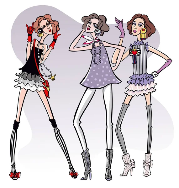 Conjunto Ilustraciones Moda Vectorial Grupo Mujeres Modelo Con Ropa Moda — Vector de stock