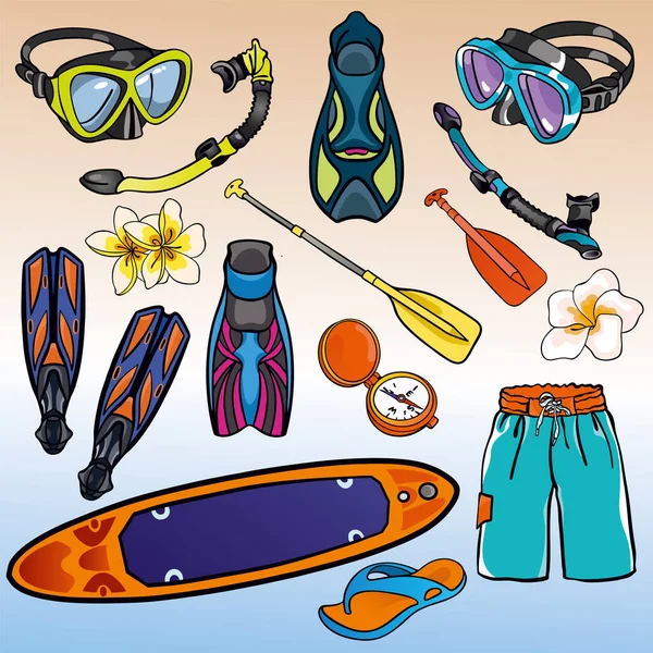 Conjunto Ilustraciones Vectoriales Accesorios Para Buceo Surf Natación Aletas Máscaras — Vector de stock