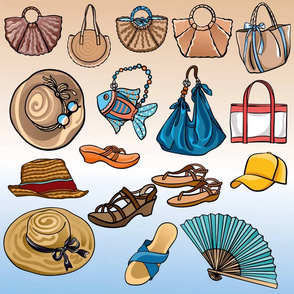 Conjunto Ilustraciones Vectoriales Accesorios Moda Para Usar Playa Verano Sombreros — Vector de stock