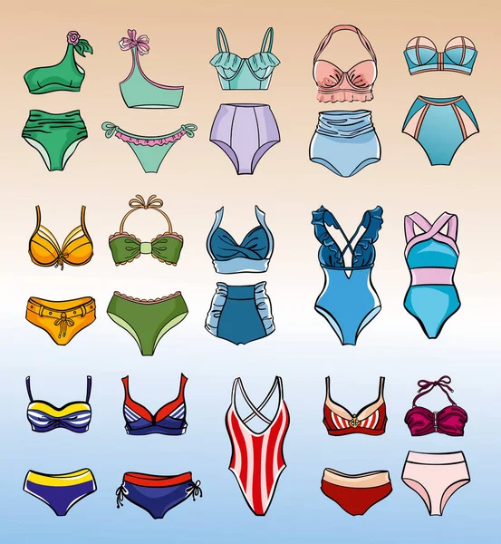 Yüzme, sörf ve dalış için modaya uygun kostümlerin vektör çizimleri: moda mayo ve bikini. Yaz tatili ya da gezi havası. Özel tasarım, baskı ve çıkartmalar için renkli el çizimleri.