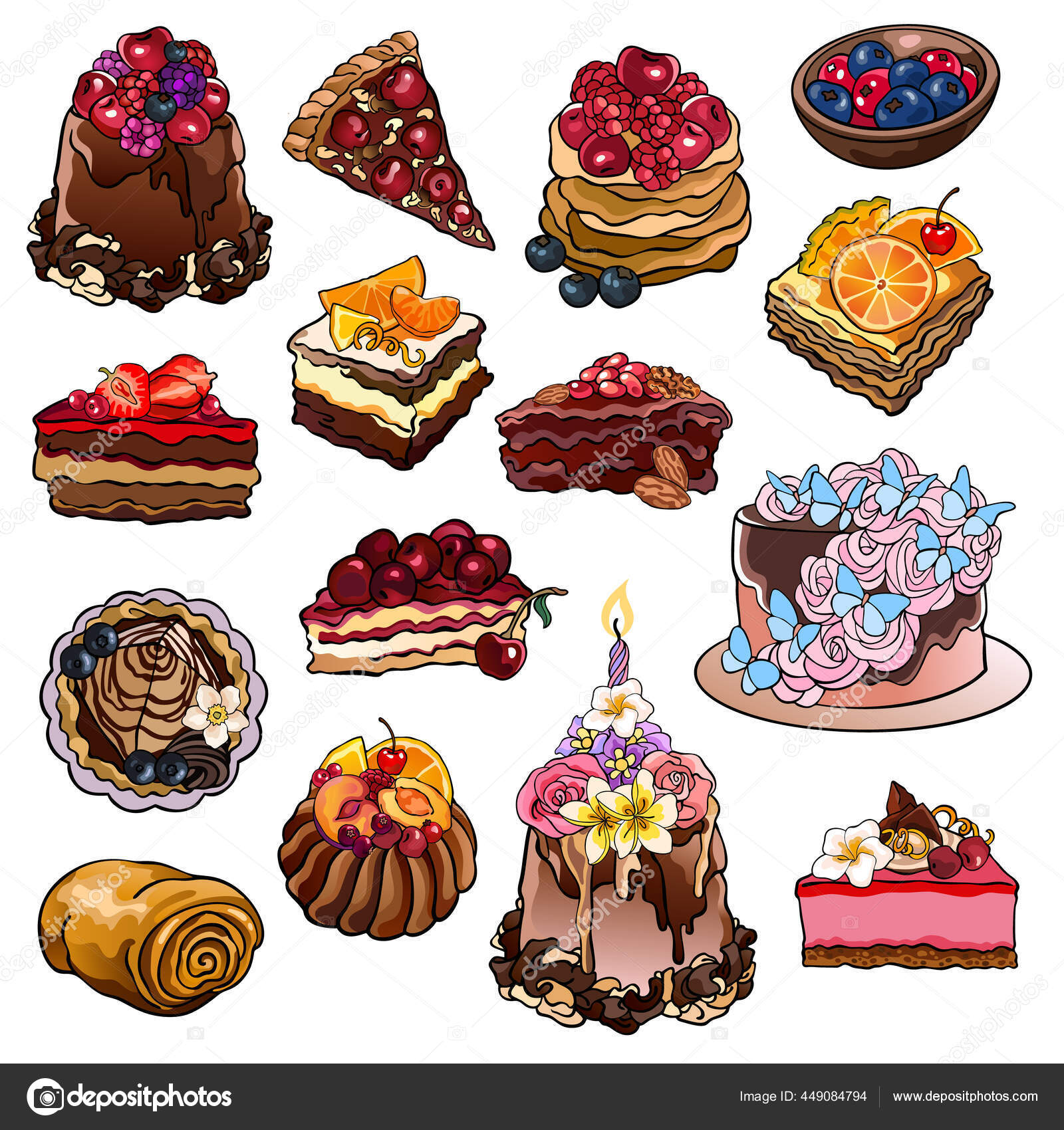 Set Drawings Pies Pastry Bakery Cakes Collection Vector Stock Food