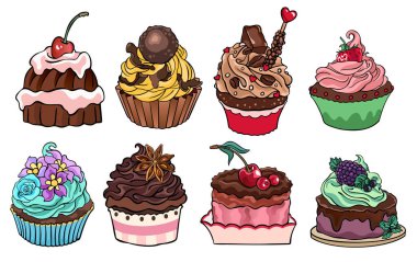 8 adet pasta, fırın ve kurabiye seti. Özel tasarım ve baskı için beyaz arka planda izole edilmiş vektör stok besin çizimleri koleksiyonu.