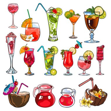 15 tatlı içecekten oluşan görüntüler: Yaz taze meyve kokteylleri, meyve suyu ve limonata. Özel tasarım ve baskı için beyaz arka planda izole edilmiş vektör stok besin çizimleri koleksiyonu.