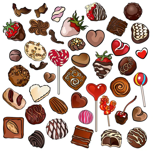 Conjunto Dibujos Caramelos Chocolate Surtidos Colección Ilustraciones Alimentos Stock Vectorial — Archivo Imágenes Vectoriales