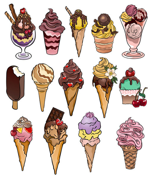 Комплект из 14 рисунков мороженого ассорти десертов. Коллекция векторных иллюстраций пищевых запасов, изолированных на белом фоне, для индивидуального дизайна и печати.