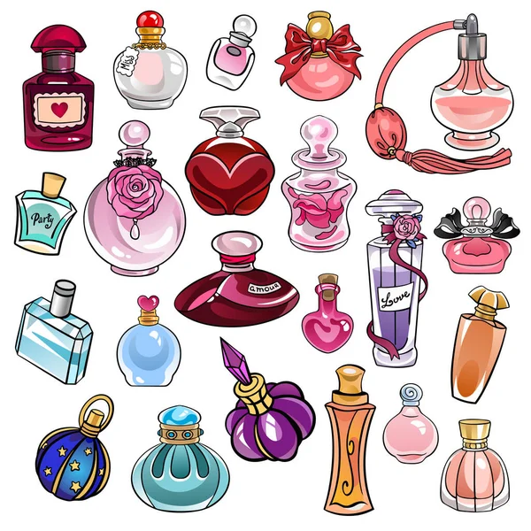 Conjunto Dibujos Perfumes Fragancias Femeninas Masculinas Colección Ilustraciones Vectores Colores — Archivo Imágenes Vectoriales