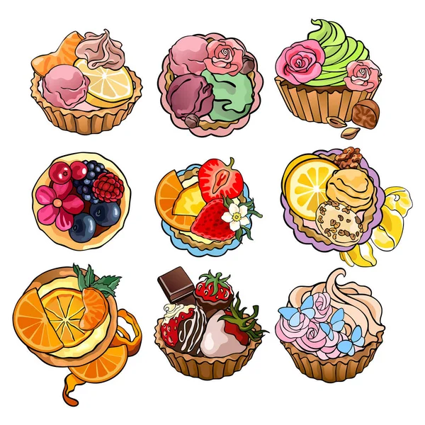 Set Med Teckningar Frukt Muffins Bakverk Bageri Och Kakor Insamling Vektorgrafik