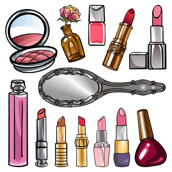Uppsättning Teckningar Kvinnliga Kosmetiska Och Make Leveranser Insamling Vektor Lager Royaltyfria Stockvektorer